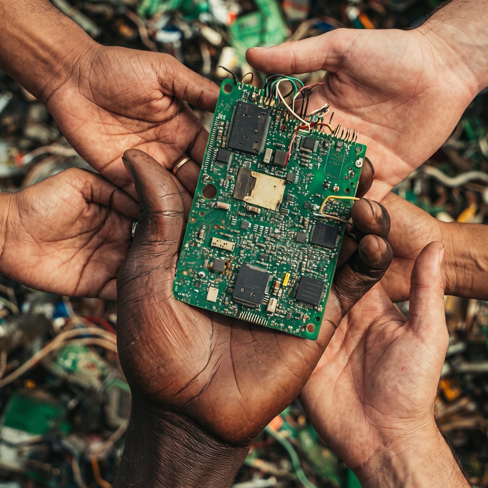 Várias mãos de diferentes tons de pele segurando uma placa eletrônica com fundo cheio de resíduos eletrônicos.